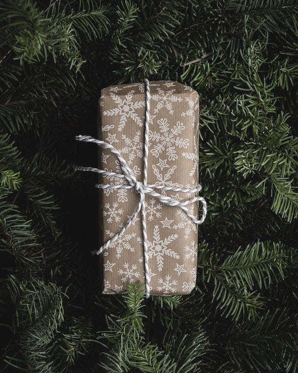 A sustainable gift wrapped in brown paper on top of a pine tree.